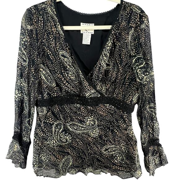 ICE Y2K Babydoll Top Womens L Black Silk Abstract Paisley Lined Boho Whimsygoth - Picture 4 of 16